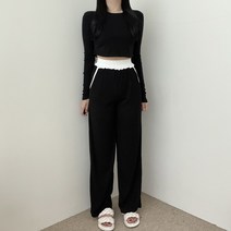 VANANA2 국내생산 여성 데일리 꾸안꾸 배색 찰랑핏 크롭 와이드 팬츠 트레이닝 투피스 세트