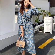 헤링본 플라워 셔링 롱원피스 가을 A라인 플레어 브이넥 스트랩 루즈핏 빅사이즈 HD027