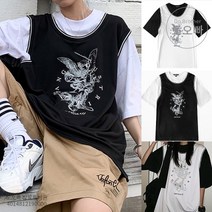 도오빠 여성 반팔티 라운드넥 농구 조끼 스포츠 티셔츠 반소매 루즈핏 빅사이즈 힙합 스트리트 패션 미국 레트로 아메리카 스타일 여름 대학생 청소년 직장인 데일리룩 일상복 데이트룩 캐주얼 편한 10대 20대 30대 커플룩 유니섹스 시밀러룩 남녀공용 남성 남자 여자반팔티