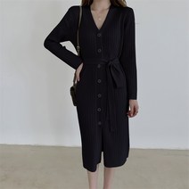 넷투넷코리아 여성 롱 원피스 니트 H라인 허리끈 심플기본 데일리룩