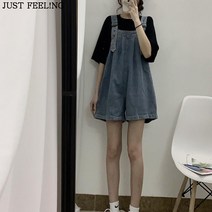 JUST FEEL!NG 여성 루즈핏 와이드핏 청멜빵 반바지 멜빵바지 데님멜빵 통바지 점프수트