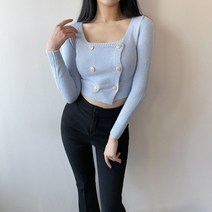 더블 금장 버튼 스퀘어넥 울 슬림핏 크롭 니트 3컬러