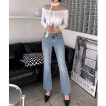 라이트 블루 워싱 로우라이즈 구제 컷팅 슬림 부츠컷 데님 팬츠