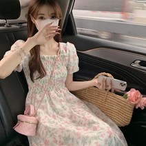 여름 여성용 스퀘어넥 퍼프 소매 잔꽃 플라워 쉬폰 롱 원피스 드레스 꽃 나염