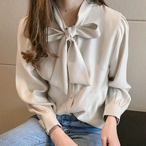 여성 심플 샤이닝 펄 리본 블라우스 W270