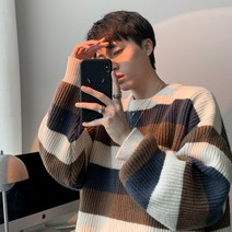 Atom 니트 스웨터 남가을겨울 매치 스트라이프 라운드 니트 빈티지 홍콩풍 한국판 루즈핏 나른한 니트