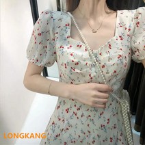 LONGKANG 여름 네크라인 미디엄 프렌치 첫사랑 도라지 잔꽃 쇄골 원피스 여자 반팔 원피스 벚꽃 반팔 원피스