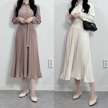 매일리룩 샤랄라 플리츠 카라 콩단추 허리 벨트 롱 원피스
