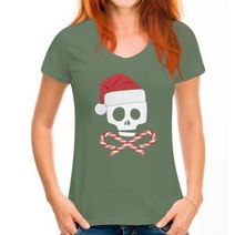 크리스마스 해골과 십자가 사탕 지팡이 산타 블랙 소프트 주니어 티셔츠 탑 레트로 O 넥 티셔츠, WoMen pea green_L