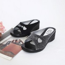 프리티슈 국내생산 블링블링 글리터 웨지 통굽 키높이 뮬 슬리퍼 6cm