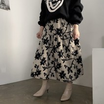 [비비애르] 엠보 큰꽃 자가드 캉캉 밴딩 롱 스커트 나염 플라워 A라인 세련된스커트 88까지