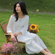 자수 원피스 십오 집 2022 봄 여름 화이트 여성 와이드 루즈핏 면린넨 포자 캐쥬얼 여행 무드 4815082329