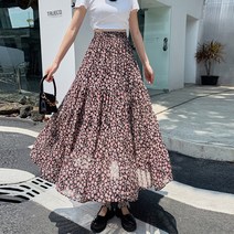 다이뻐 리틀깽스 빅사이즈 하객패션 하늘하늘 작은꽃 플라워패턴 a라인 플레어 풍성한 3단 캉캉 쉬폰 롱스커트 여르휴가패션