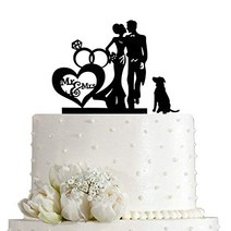 Wedding Couple Kiss MrMrs Heart Diamond Ring Cake Topper Bride and Groom with Dog Silhouette Cake T, 1