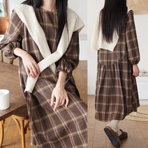 하늘바라기 여성용 모직 체크 퍼프 루즈 롱 원피스