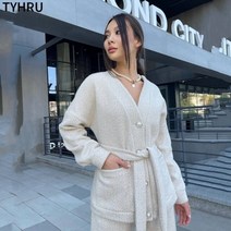 여성용 니트 2 조각 스웨터 정장 벨트 포켓이있는 싱글 브레스트 카디건 + 와이드 레그 바지 겨울 스웨터 세트