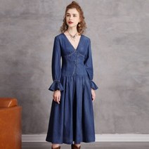 여성 데님 원피스 봄 캐쥬얼 여름 드레스 Yuzi may Boho 새로운 v 넥 플레어 슬리브 싱글 Breated Vintage Vestidos A8 79 Vestido