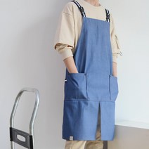 유이미 남녀공용 카페 공장 멜빵H형 생활방수 데님 앞치마, 블루