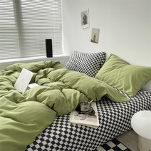 자취생 인스타 감성 체커보드 투톤 차렵 침구 풀세트 4종 레트로 빈티지 그린 이불 간절기 사계절