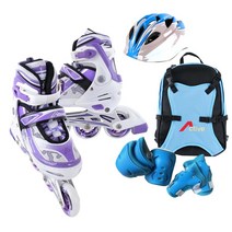 [엑티브스포츠인라인] [인라인세트] 사이즈 조절형 아동용 발광바퀴 인라인 스케이트+헬멧+보호대+가방, 스마트 퍼플