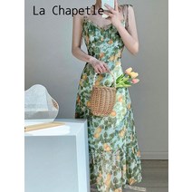 라 샤펠 2022 여름 새로운 프랑스 스타일 레트로 서스펜더 스커트 도라지 티 브레이크 그린 플로랄 쉬폰 드레스 여성 플라워 컬러 S