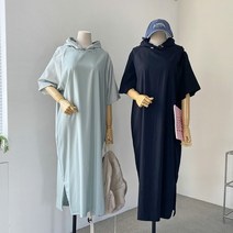 루즈핏 져지 배색 스트링 반팔 후드 롱 원피스 (2color)