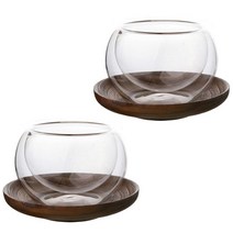 홈아트 나무받침 이중유리잔 세트 (2P 1SET), 투명유리잔