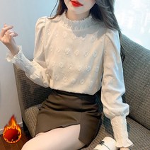 JUSTFEELING 두꺼운 기모 반폴라 레이스 긴팔 티셔츠 퍼프소매 셔츠 블라우스 빅사이즈 여성용