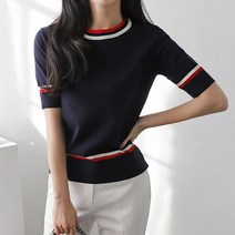 봄 세련된 고급 반팔 라인 배색 미시 엄마옷 데일리 캐주얼 클리식룩 반팔 니트 티셔츠