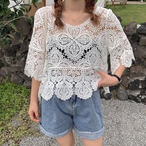 크로쉐 크로셰 펀칭 조끼 풀오버목도리 레이스 셔츠 여성 후크 꽃 커버 슬림 탑 봄 여름 스커트 반팔 선 스크린 블라우스
