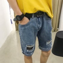 데미지 데님 반바지 남 여름 슬림 한국판 트렌드 와이드 스트레이트 5부 팬츠