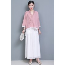 Sun siR 봄여름 린넨 면마 심플 전통의상 세트 7부 셔츠 와이드 일자 팬츠 명상복