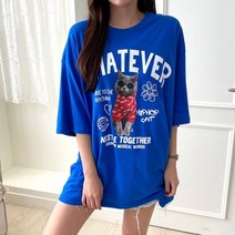 쉬즈미 / (TRT-682)글라스캣 루즈핏 여성 반팔 박스 롱티 빅사
