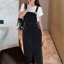 넷투넷코리아 여성 슬림핏 트임 데님 멜빵원피스 H라인 데일리룩