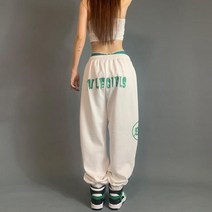 여성 루즈핏 빅사이즈 통 넓은 와이드 배색 레터링 밴딩 댄스 바지 레드 힙합 스트릿