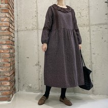 아이보리앤코 시나몬 레이스 카라 도톰 순면 잔꽃 루즈핏 롱 가을 겨울 원피스
