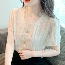 핑크폭스 여자 레이스 금장버튼 반팔 블라우스