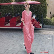 puildaug 면 및 린넨 넓은 다리 점프 수트 여름 얇은 느슨한 기질 드레스 점프 수트 여성