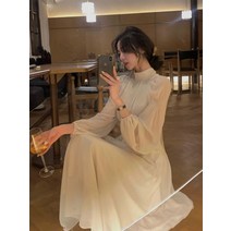 플레어 스커트 실크 블라우스 긴팔 원피스 파티드레스