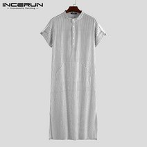 INCERUN 남성 스트라이프 Jubba Thobe 남성 이슬람 아랍 캐주얼 짧은 소매 코튼 포켓 이슬람 Kaftan 가운 두바이 의류 S5XL