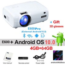 WZATCO E600 LED 프로젝터 1080p 가정용 홈시어터 빔프로젝터 안드로이드 셋톱박스, E600(화이트)+셋톱박스(4G+64G)