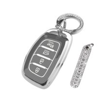 키에티 현대 아반떼AD LF쏘나타 4버튼 실버라인 스마트 차 키케이스 키홀더 + 분실방지 큐빅 전화번호판, 틸그레이 실버라인