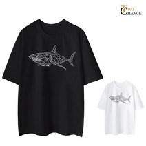 투체인지 죠스 M~5XL 빅사이즈 남자 여자 라운드 5부 오버핏 남녀공용 반팔 티셔츠
