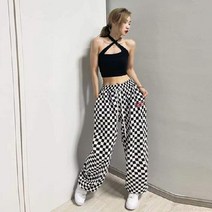 여성 캐주얼 와이드 체커보드 트레이닝 팬츠 스트리트 힙합 재즈 댄스 바지 허리 밴딩