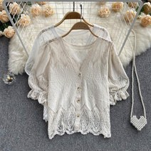 이브 서예지 박나래 임수향 아이유 한지민 레이스 공주풍 퍼프소매 돌잔치룩 블라우스