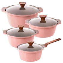 캡스톤 글램레트로 냄비세트 편수 18cm +양수 20cm + 22cm + 24cm 핑크 가스용 냄비추천, 18편수+20양수+22양수+24양수