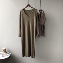 니트원피스 겨울 가을 스웨터 하프기장 와이드 루즈핏 캐쥬얼 프렌치 브이넥 카라멜 색 점프슈트 여성 2981239078