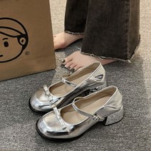 은색 실버 블록힐 메리제인 슈즈 펌프스 구두 여름 y2k감성 디자인 4.5cm 키높이 발편한