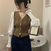 마쿠쿠 스모크 여성 브이넥 니트 블라우스 혼합