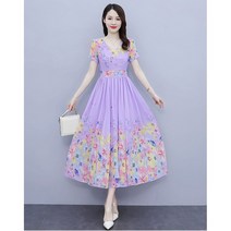 원피스 여름 브이넥 조임 슬림핏 쉬폰 원피스 화이트 여성 반팔 원피스